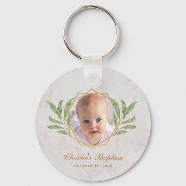 Porte-clés Baptism Greenery Photo Botanical Geometric Marble  (Recto)