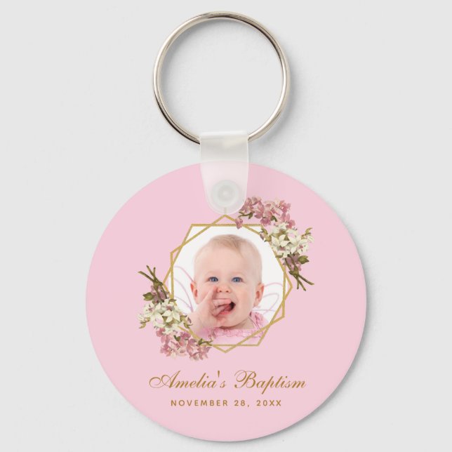 Porte-clés Baptism Pink Girl Photo Floral Orchids Gold Cross (Recto)