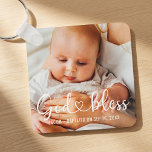 Porte-clés Baptism Simple Modern Heart Baby Photo<br><div class="desc">This simple and modern design is composed of serif typography and add a custom photo,  add baby's name and month and year of baptism</div>