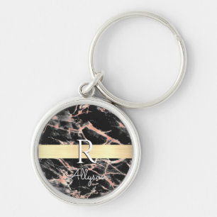 Porte-clés Barre en or Marbre Noir et Or Rose, Monogramme de