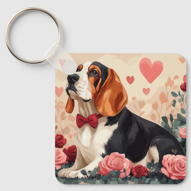 Porte-clés Basset Hound avec Roses - Saint Valentin (Recto)