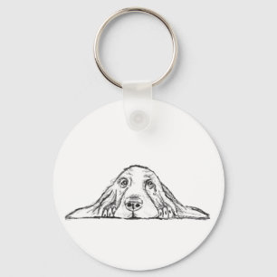 Porte-clés basset hound noir blanc yeux de chiot simple