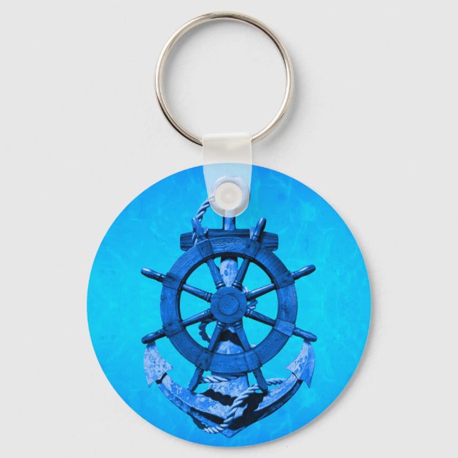 Porte-clés Bateaux Bleus Nautiques Roue Et Ancre (Recto)