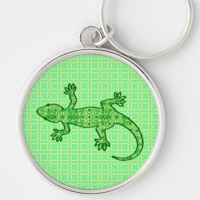 Porte-clés Batik tribal Gecko - chaux et vert émeraude (Devant)