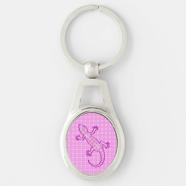Porte-clés Batik tribal Gecko - orchidée et coquille rose (Devant)