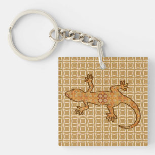 Porte-clés Batik tribal Gecko - rouille, ambre et bronze