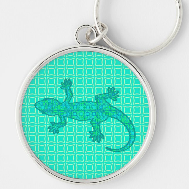 Porte-clés Batik tribal Gecko - turquoise / paon (Devant)