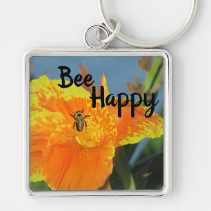 Porte-clés Be Happy Bee Pun Bright Orange Flower Photo Floral