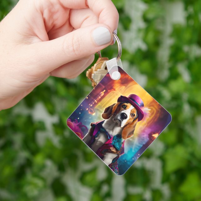 Porte-clés Beagle en costume vibrant (main)