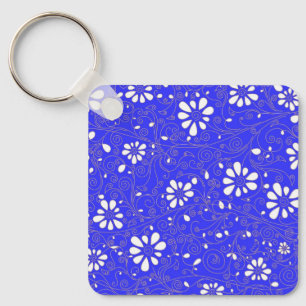 Porte-clés Beau bleu blanc classique fleurs motif