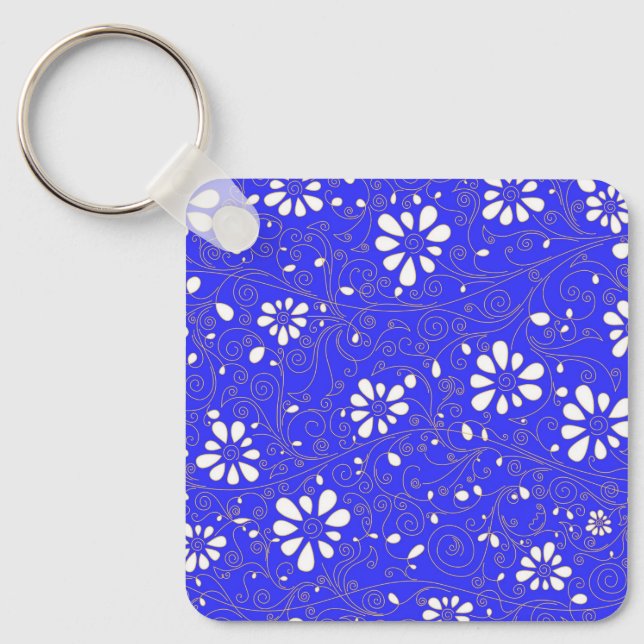 Porte-clés Beau bleu blanc classique fleurs motif (Recto)
