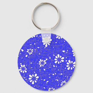 Porte-clés Beau bleu blanc classique fleurs motif