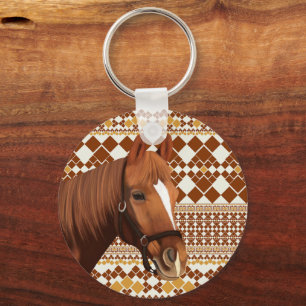 Porte-clés Beau cheval Brown sur Motif géométrique Earthy