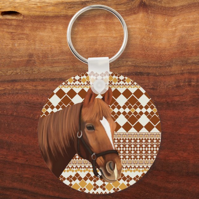 Porte-clés Beau cheval Brown sur Motif géométrique Earthy (Verso)