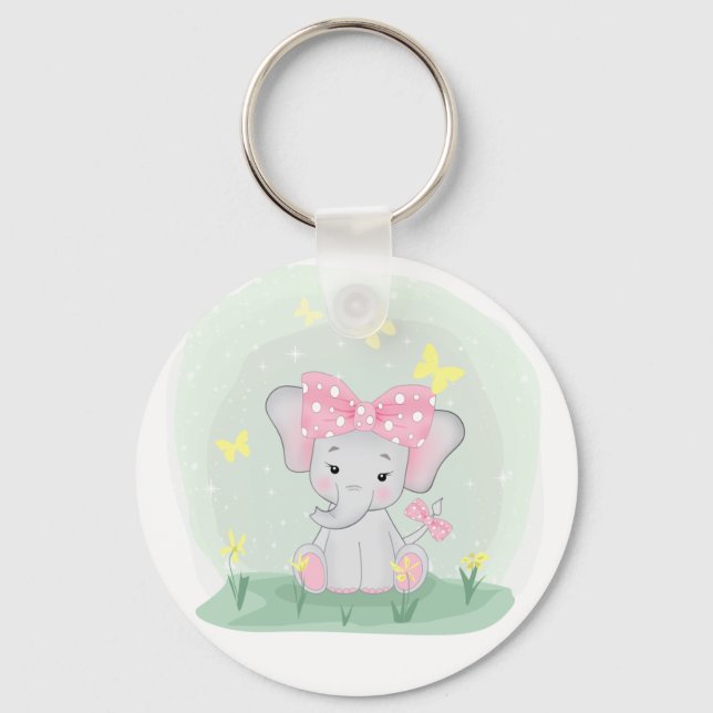 Porte-clés Beau éléphant avec un arc rose dans une clairière (Recto)