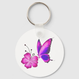 Porte-clés Beau papillon et fleur d'Hibiscus rose