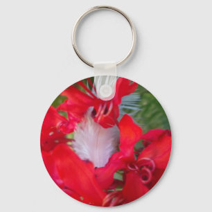 Porte-clés Beauté Délicate : Fleur Rouge avec Plume Blanche