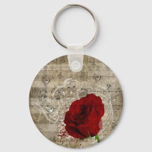 Porte-clés Beautiful red rose music notes swirl faded piano
