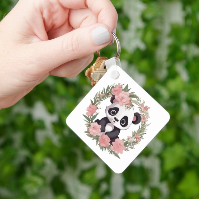 Porte-clés Bébé adorable Panda Ours avec fleurs (main)