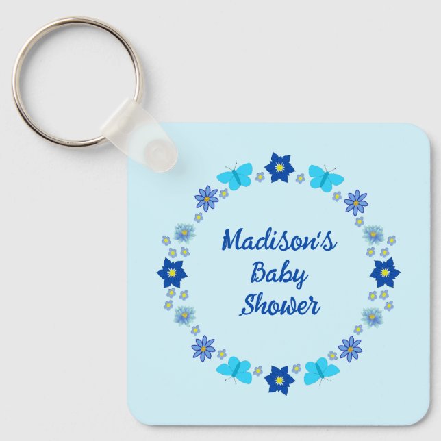 Porte-clés Bébé bleu Papillons et Baby shower de fleurs (Recto)