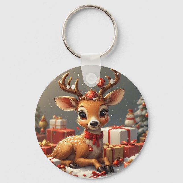 Porte-clés Bébé cerf adorable avec bois festifs (Recto)