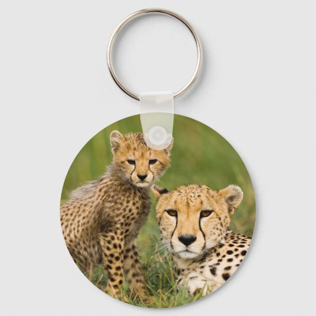 Porte-clés Bébé guépard et parent dans l'herbe (Recto)