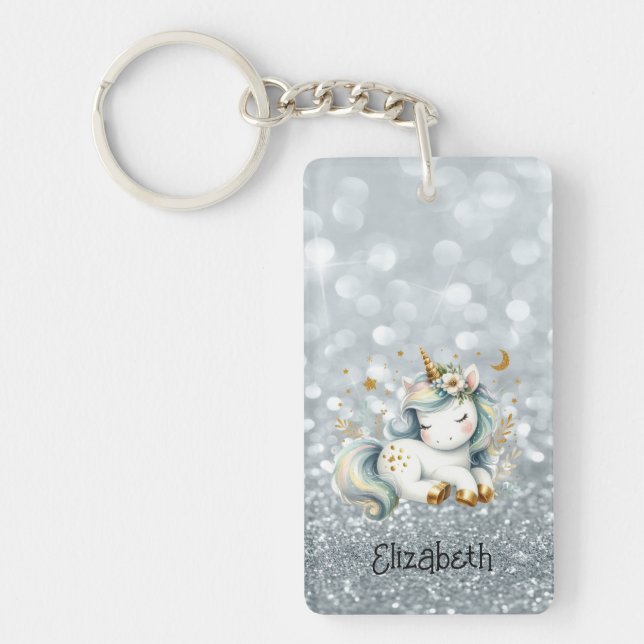 Porte-clés bébé licorne paillettes argentées Bokeh (Devant)