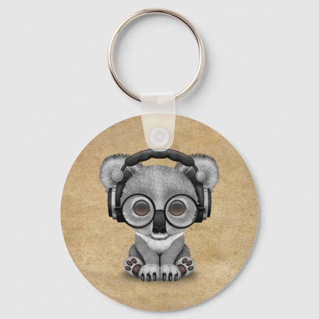 Porte-clés Bébé mignon Koala Ours Dj Portant Un Casque (Recto)