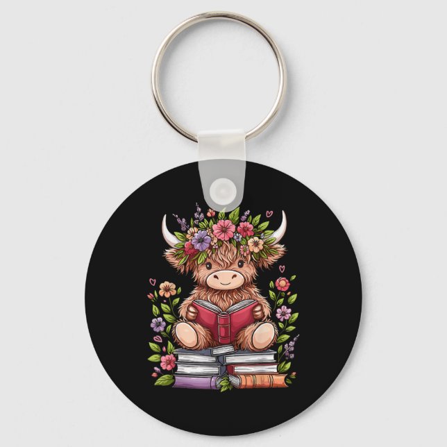 Porte-clés Bébé mignon vache Highland avec livre de lecture v (Recto)
