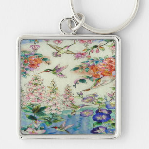 Porte-clés Bel art en verre souillé de fleurs de colibris