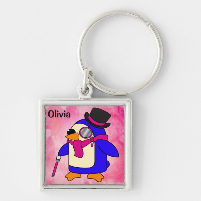 Porte-clés Belle caricature pingouin fleuri rose pastel (Devant)