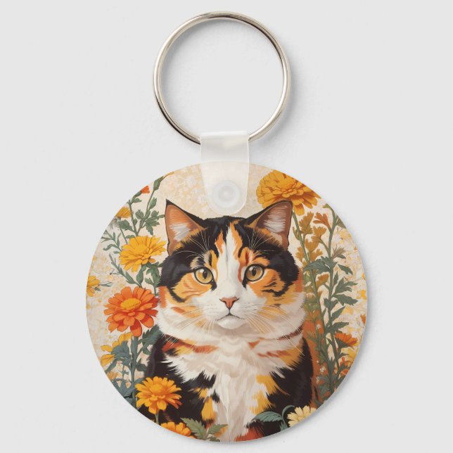 Porte-clés Belle Chat Calico Avec Fleurs Marigold (Recto)