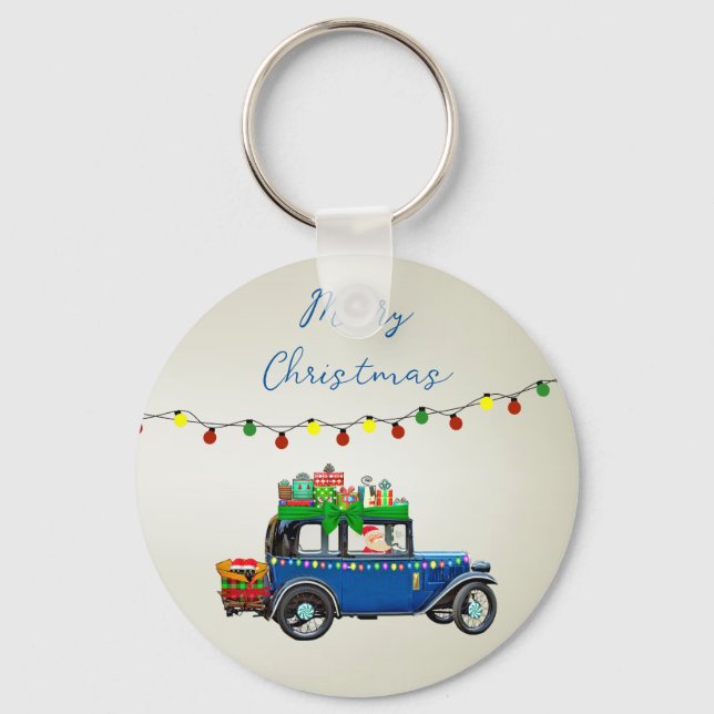 Porte-clés Belle, Christms Blue Car avec Père Noël et Cadeaux (Recto)