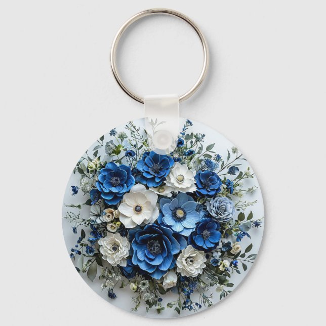 Porte-clés Belle composition florale bleue et blanche (Recto)
