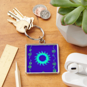 Porte-clés Belle peinture artistique florale iridescente bleu