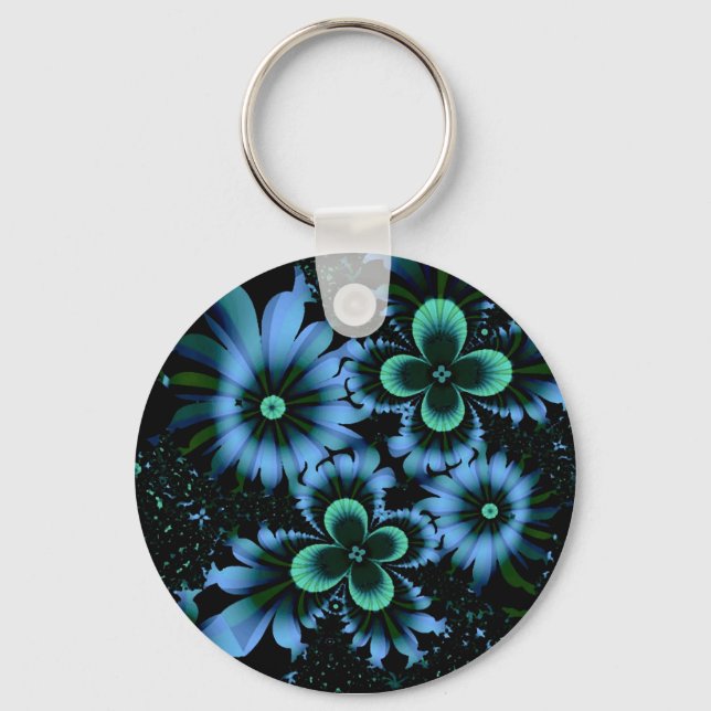 Porte-clés Belles Fleurs Bleues Art Fractal fin (Recto)