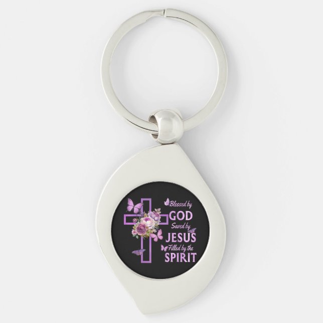 Porte-clés Béni par Dieu sauvé par Jésus Croix Florale pourpr (Devant)