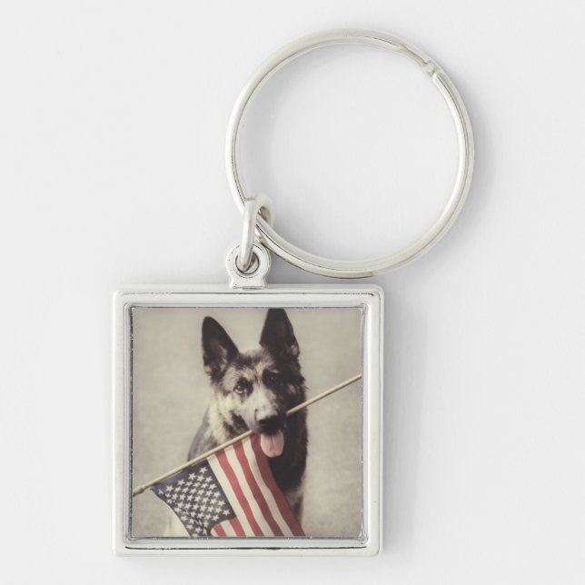 Porte-clés Berger Allemand Avec Drapeau US (Devant)