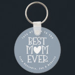 Porte-clés Best Mum Mom Ever Names Dusty Blue White Text<br><div class="desc">Especially for your Mom (Mum) to treasure with this trendy typographical design, set text Best Mom (Mum) Ever with a heart motif representing the O or U. Easily personalise the editable text curved above and below. White typography on dusty blue. Text, background and heart colors can be changed to any...</div>