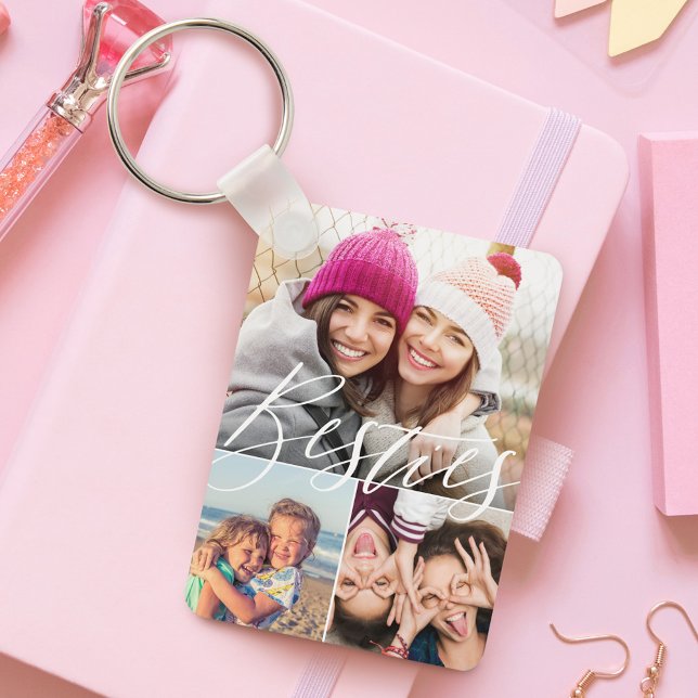 Porte-clés Besties Script 3 Photo Best Friends Collage BFF (Besties Script 3 Photo Best Friends Collage BFFs Keychain)