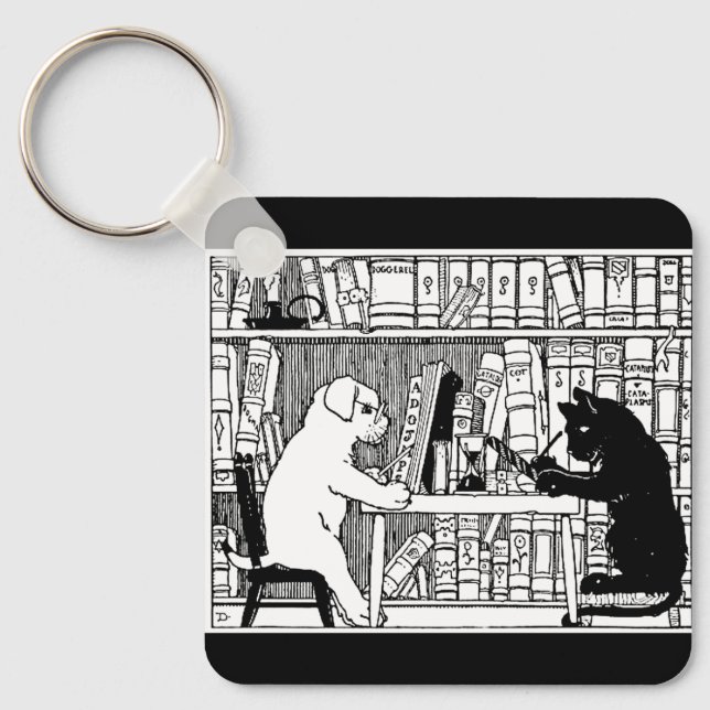 Porte-clés Bibliothèque Chaton et Chien de Style Ancien, Litt (Recto)