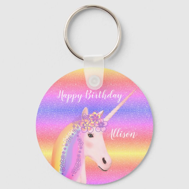 Porte-clés Birthday Unicorn Rainbow Glitter Personalized (Recto)