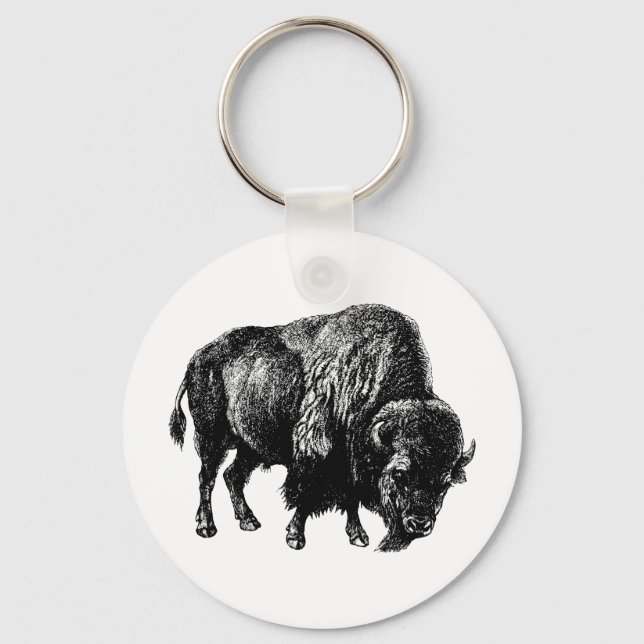 Porte-clés Bison américain de Buffalo Vintage Bois Gravure (Recto)