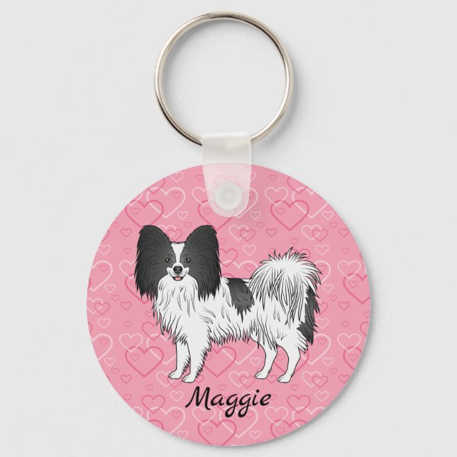 Porte-clés Black And White Papillon Cute Dog On Pink Hearts (Recto)