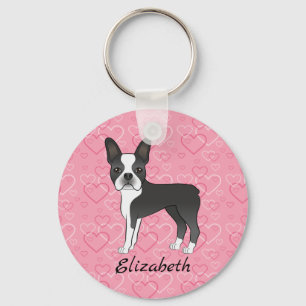 Porte-clés Black Boston Terrier Chien Sur Coeur Rose Et Nom