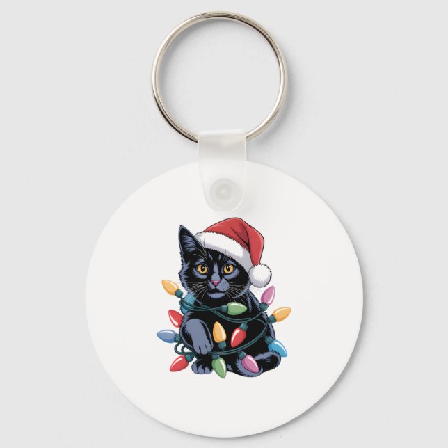 Porte-clés Black Cat lumières Noël Amoureux des chats amusant (Recto)
