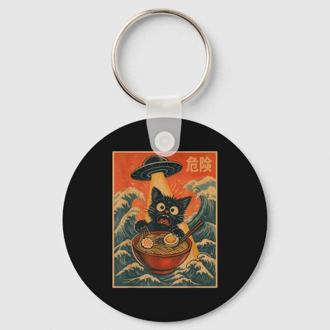 Porte-clés Black Cat Ramen Alien Ufo Funny Japanese Kawaii An (Recto)