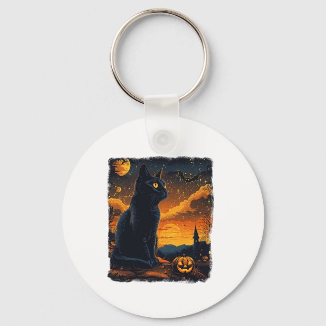 Porte-clés Black Cat Starry Nuit Van Gogh Citrouilles Bats Ha (Recto)