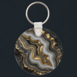 Porte-clés Black Gold Agate Geode Luxury Marble<br><div class="desc">Mesmerizing black and charcoal agate with flowing bands of soft gray and creamy white, dramatically framed and veined in molten liquid gold. This opulent, high-contrast geode design exudes modern luxury, sophistication and powerful elegance perfect for those who love dark, glamorous mineral aesthetics.</div>