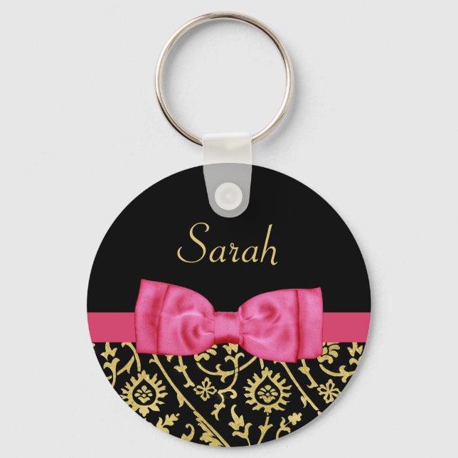Porte-clés Black Gold Floral Damask Bow rose et nom chic (Recto)